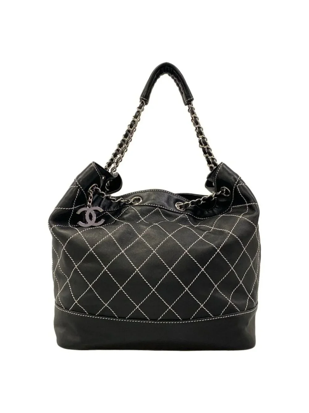 Chanel Tote Bag Wild Stitch Black White Silver Lambskin